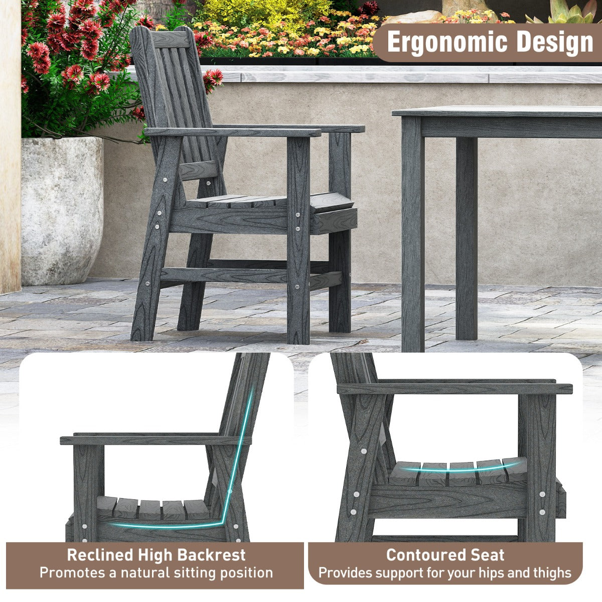 LIVSK Weerbestendige Tuinstoel - HDPE Materiaal - Hoge Rugleuning - Ergonomisch Ontwerp - Tot 150 kg - 61 x 61,5 x 95 cm - Grijs