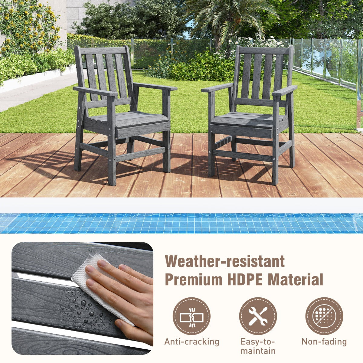 LIVSK Weerbestendige Tuinstoel - HDPE Materiaal - Hoge Rugleuning - Ergonomisch Ontwerp - Tot 150 kg - 61 x 61,5 x 95 cm - Grijs