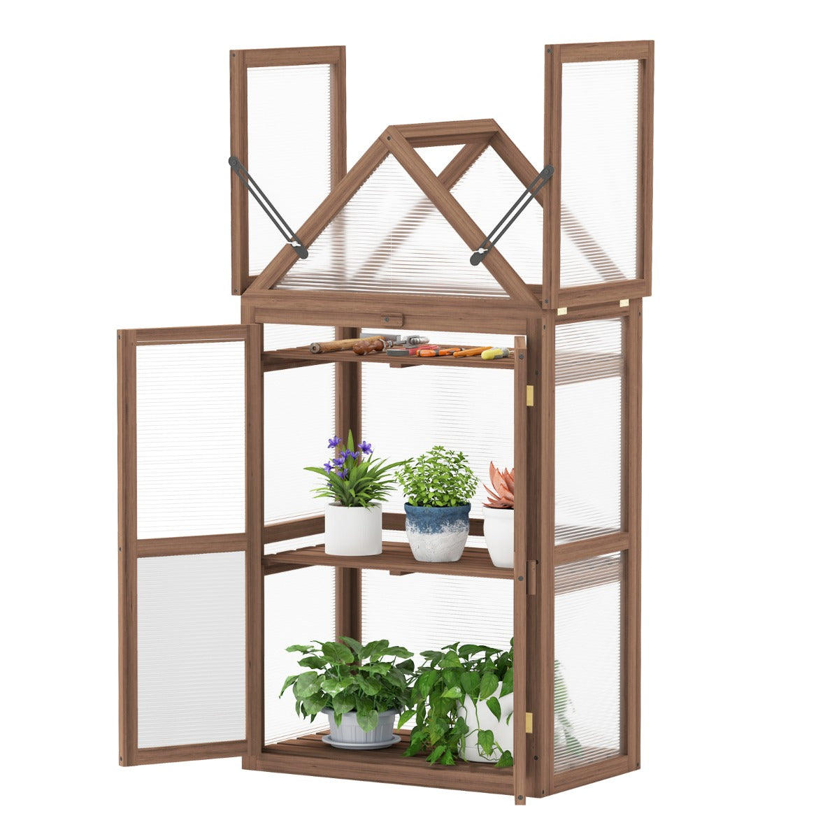 LIVSK Draagbare Tuin Koude Frame - Mini Serre met 3 Verwijderbare Planken - Stevig Sparrenhout - Voor Planten - 71 x 41 x 132 cm