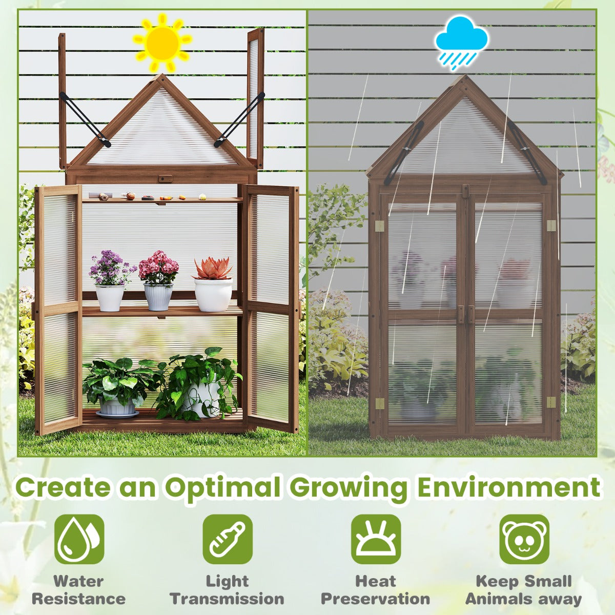 LIVSK Draagbare Tuin Koude Frame - Mini Serre met 3 Verwijderbare Planken - Stevig Sparrenhout - Voor Planten - 71 x 41 x 132 cm