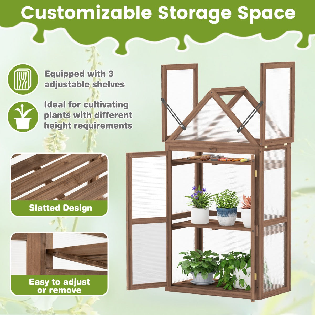 LIVSK Draagbare Tuin Koude Frame - Mini Serre met 3 Verwijderbare Planken - Stevig Sparrenhout - Voor Planten - 71 x 41 x 132 cm