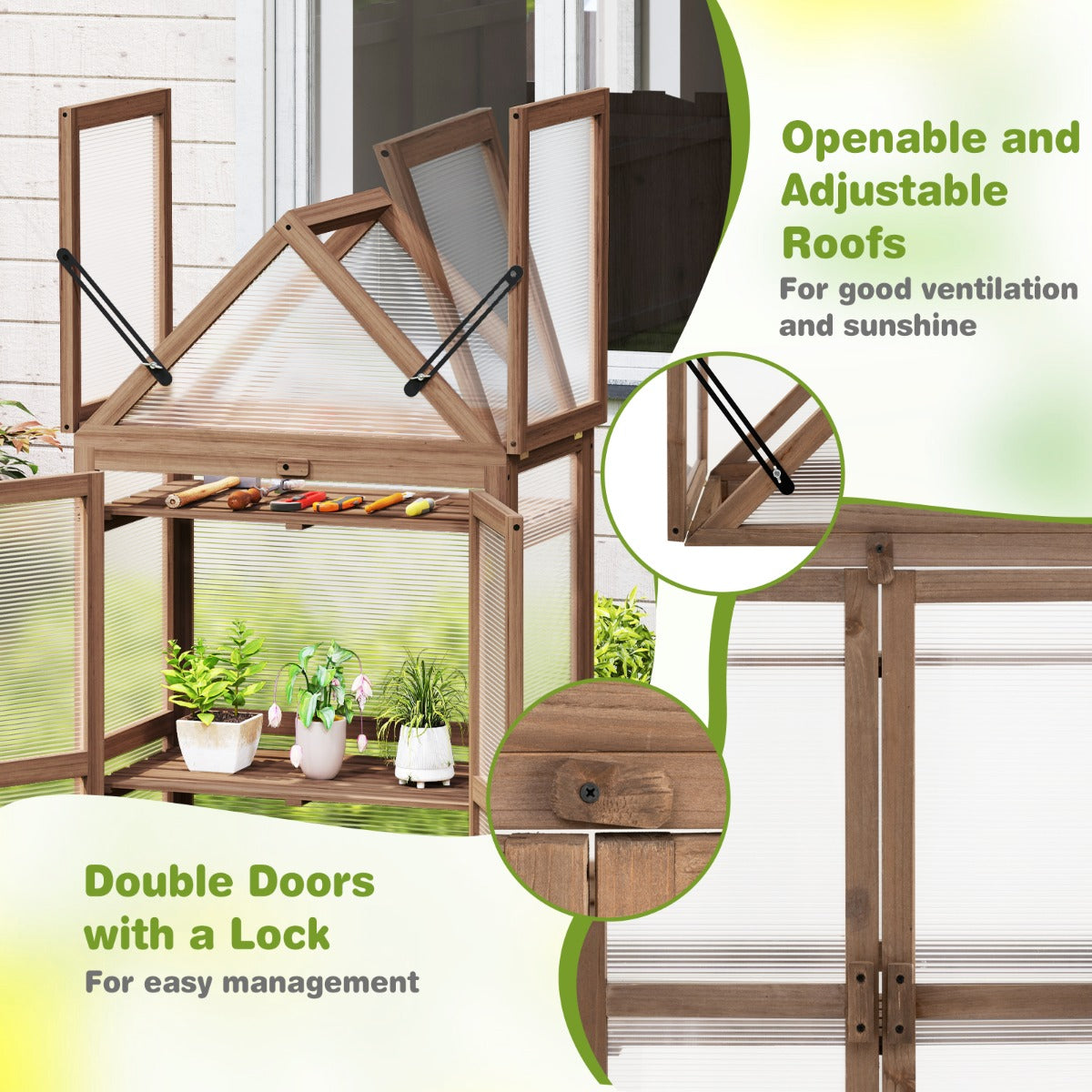 LIVSK Draagbare Tuin Koude Frame - Mini Serre met 3 Verwijderbare Planken - Stevig Sparrenhout - Voor Planten - 71 x 41 x 132 cm