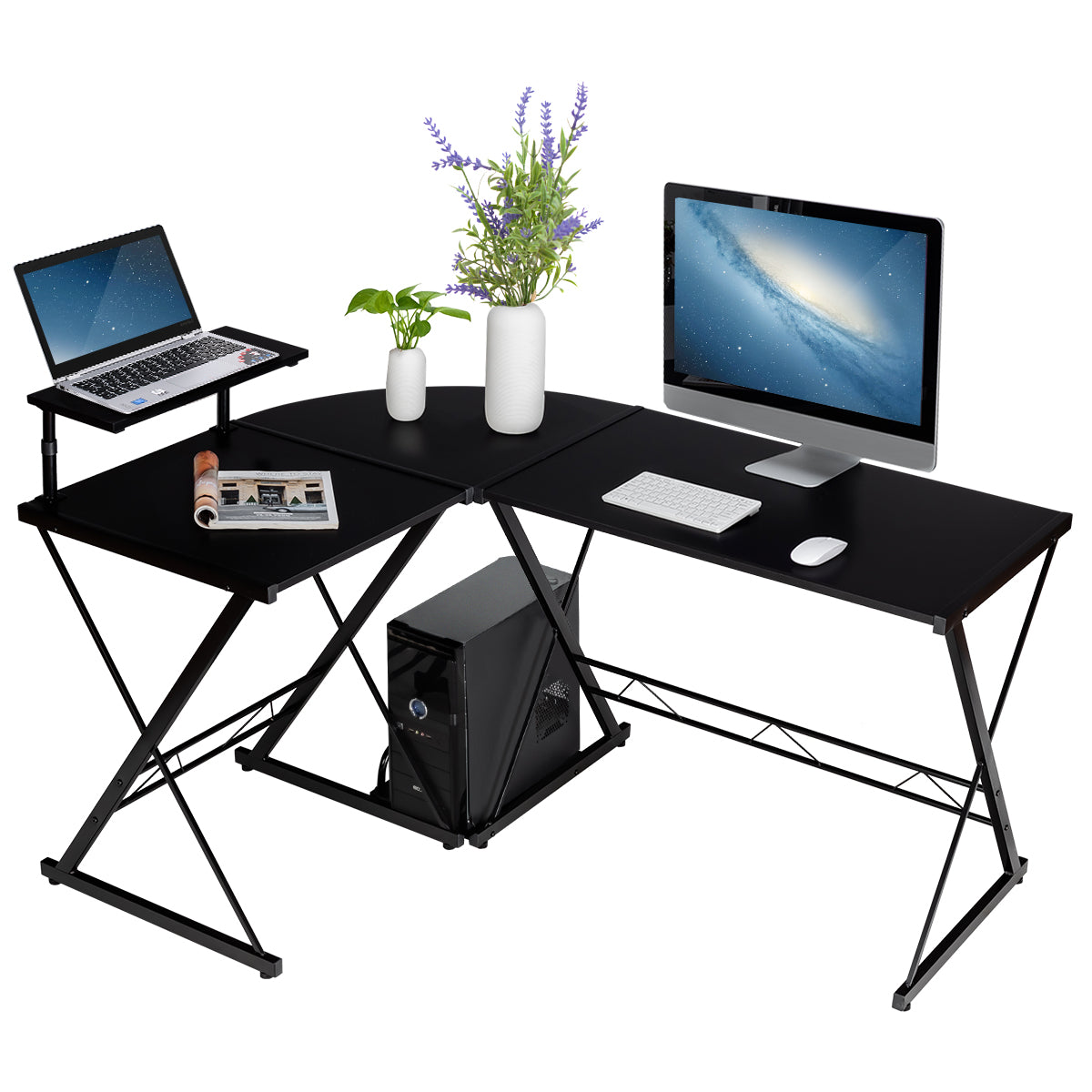 LIVSK L-vormig Computerbureau - Ruim Bureaublad - Duurzaam Hout en Staal - Flexibele Opstelling - 147 x 112 x 79 cm - Zwart
