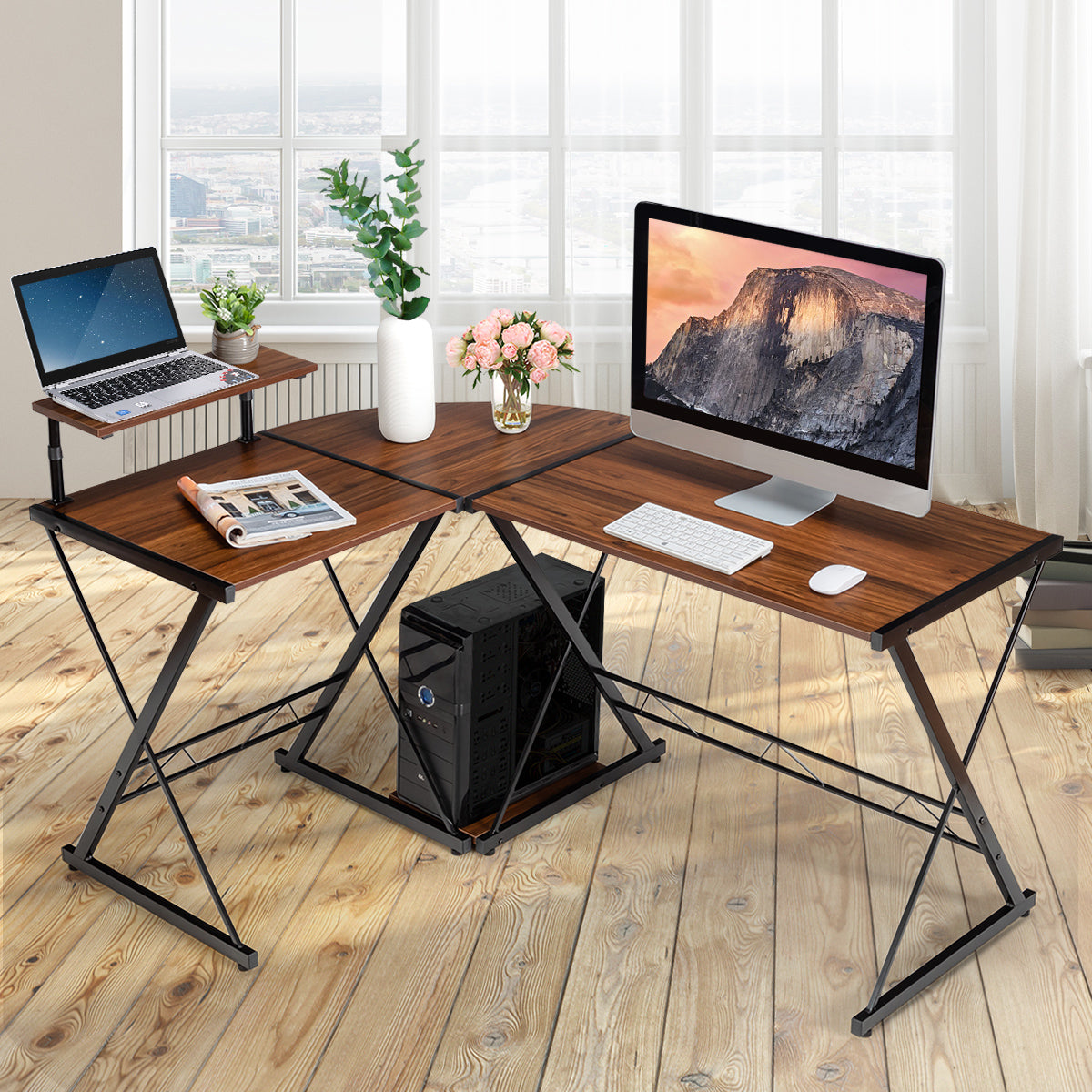 LIVSK L-vormig computerhoekbureau - Ruim werkoppervlak - Verstelbare monitorplank - Duurzaam - 147 x 112 x 79 cm - Walnoot