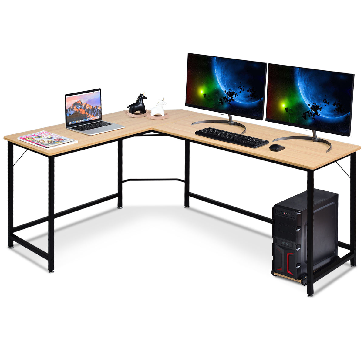 LIVSK L-vormig Hoekcomputerbureau - Ruimtebesparend - Stabiel Ijzeren Frame - Eenvoudig te Monteren - 168 x 125 x 74 cm - Naturel