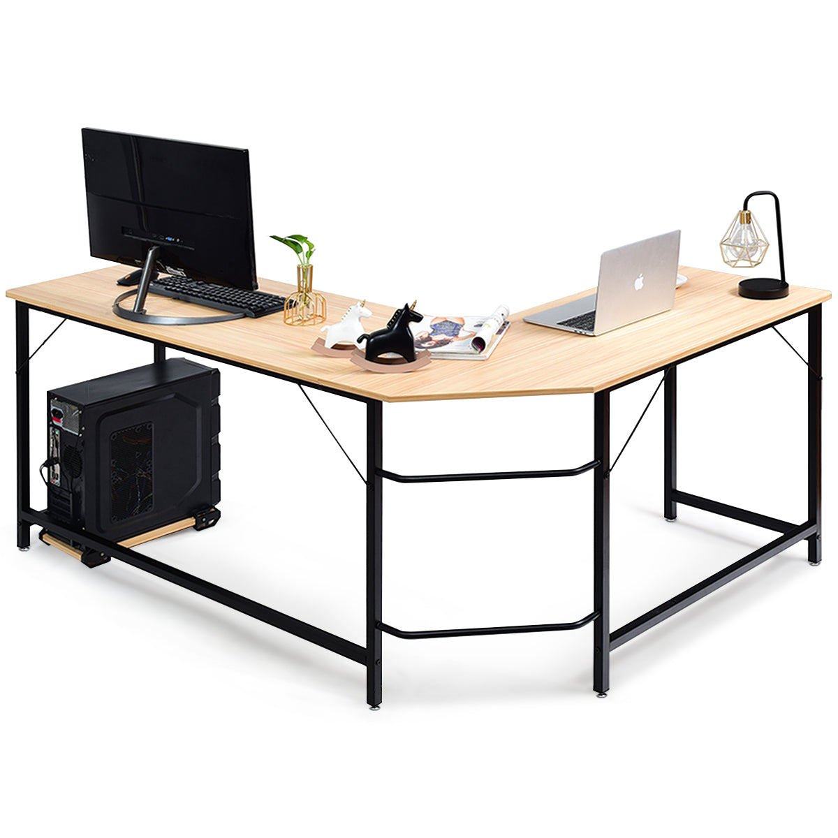 LIVSK L-vormig Hoekcomputerbureau - Ruimtebesparend - Stabiel Ijzeren Frame - Eenvoudig te Monteren - 168 x 125 x 74 cm - Naturel
