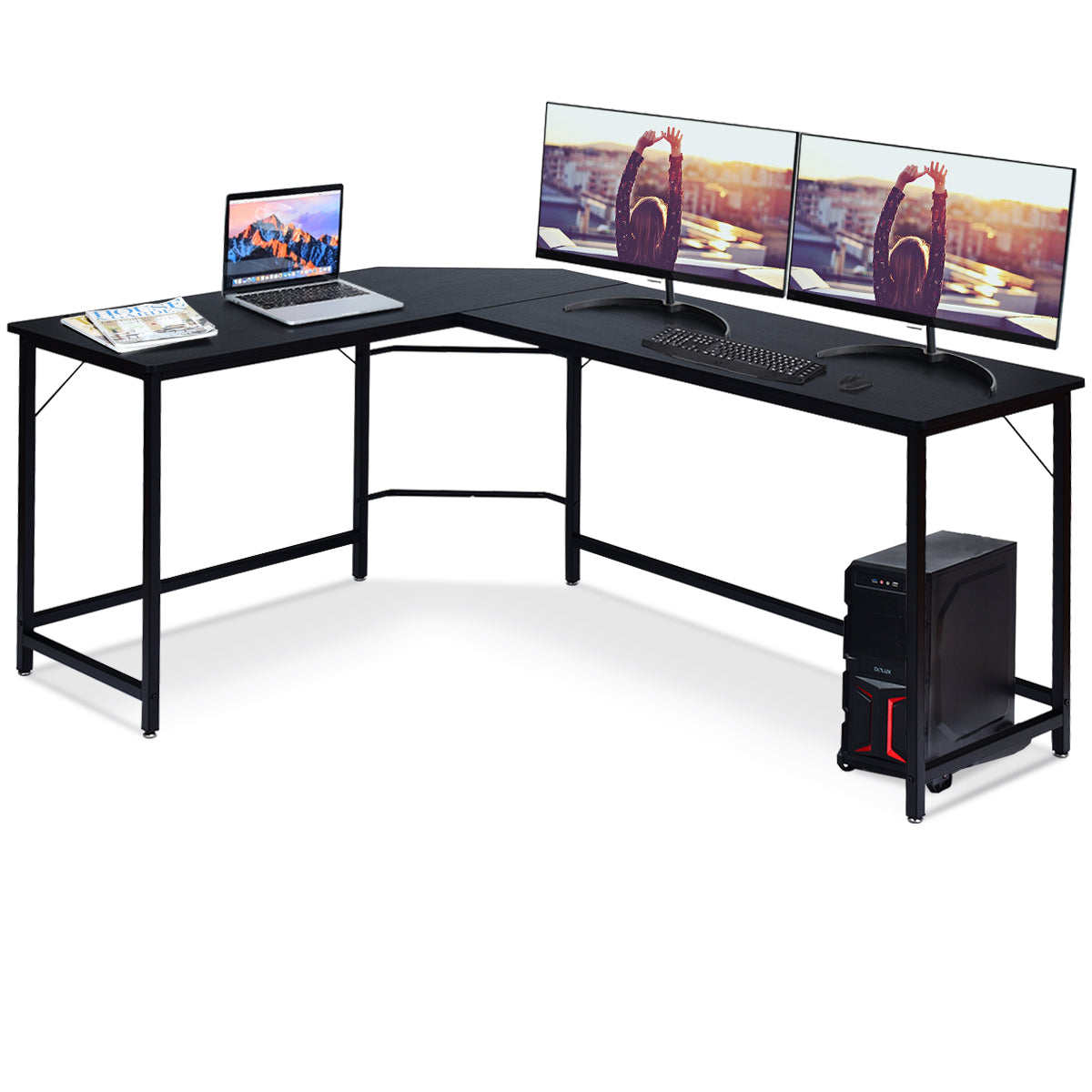 LIVSK L-vormig Hoekcomputerbureau - Ruimtebesparend met Stevig MDF en Ijzer - Eenvoudig te Monteren - 168 x 125 x 74 cm - Zwart