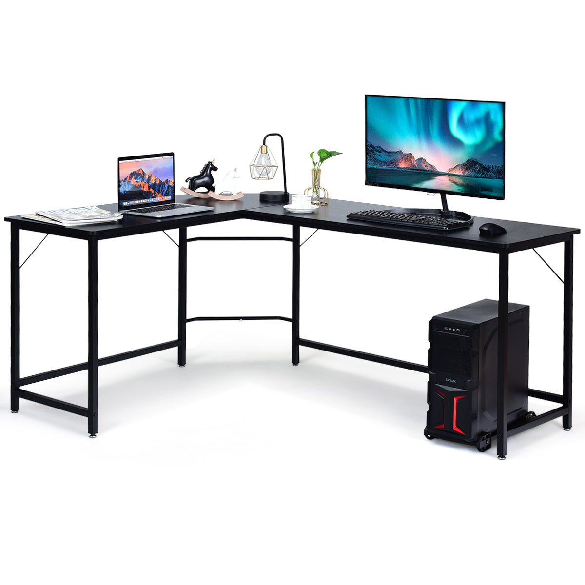 LIVSK L-vormig Hoekcomputerbureau - Ruimtebesparend met Stevig MDF en Ijzer - Eenvoudig te Monteren - 168 x 125 x 74 cm - Zwart