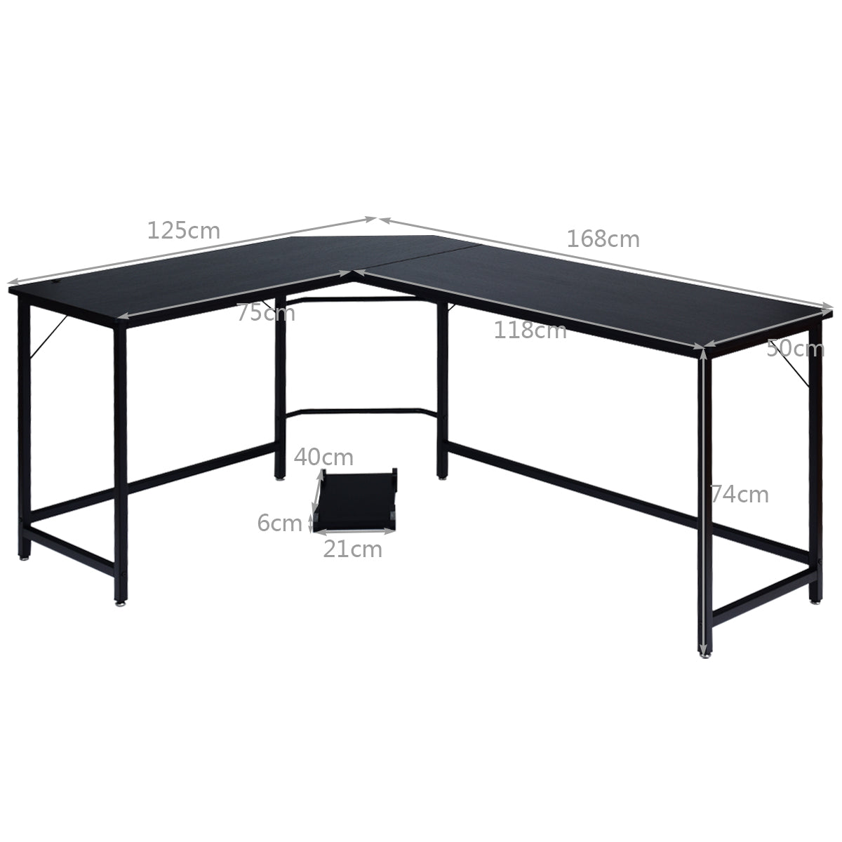 LIVSK L-vormig Hoekcomputerbureau - Ruimtebesparend met Stevig MDF en Ijzer - Eenvoudig te Monteren - 168 x 125 x 74 cm - Zwart