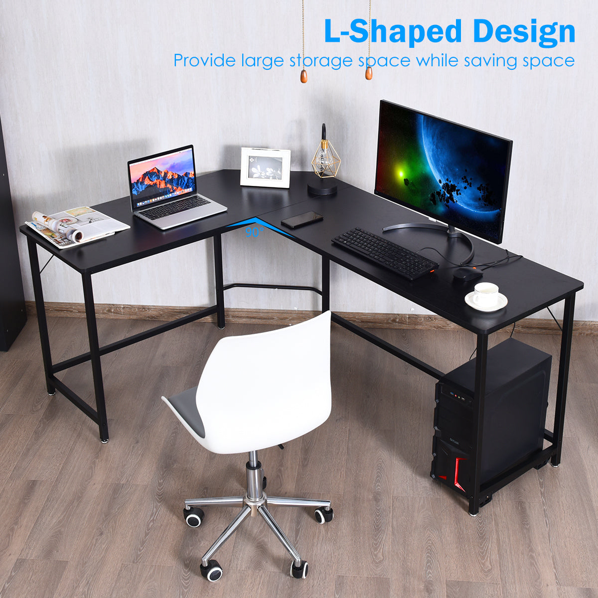 LIVSK L-vormig Hoekcomputerbureau - Ruimtebesparend met Stevig MDF en Ijzer - Eenvoudig te Monteren - 168 x 125 x 74 cm - Zwart
