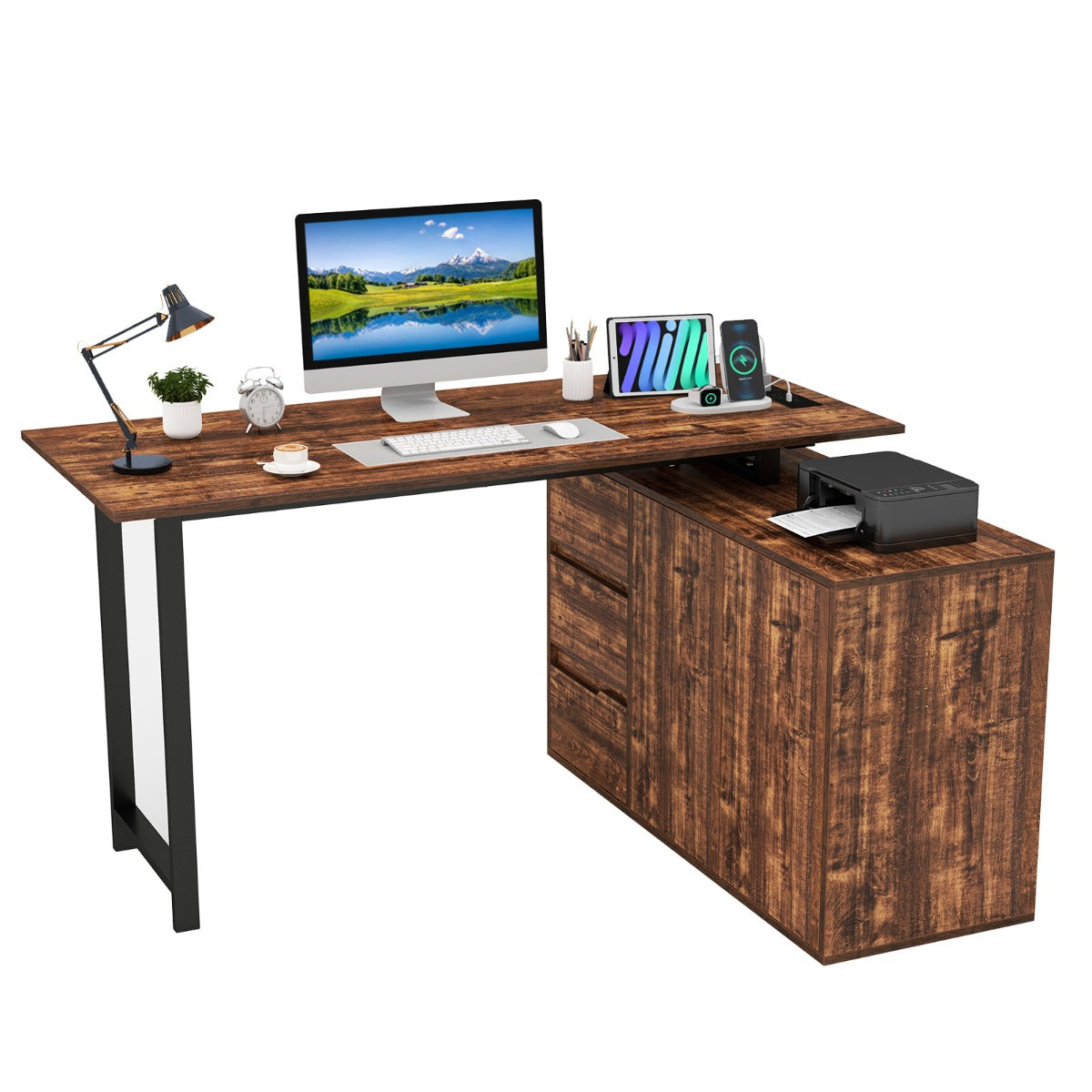 Livsk costway l vormig bureau 138 cm omkeerbaar hoekbureau met drie lades