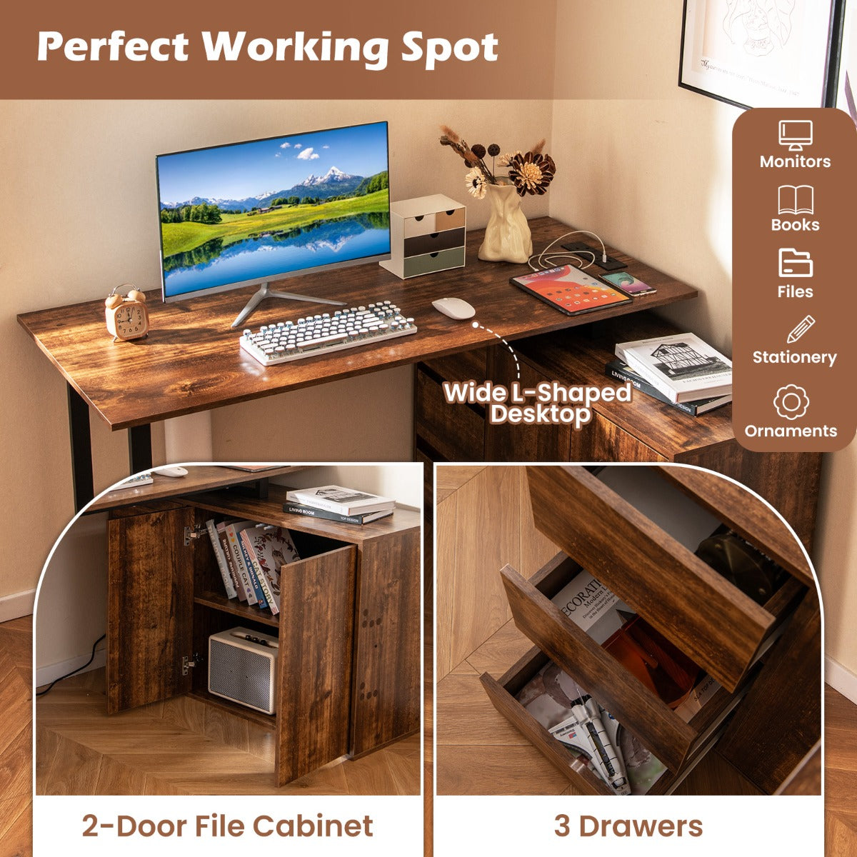 Livsk costway l vormig bureau 138 cm omkeerbaar hoekbureau met drie lades 4
