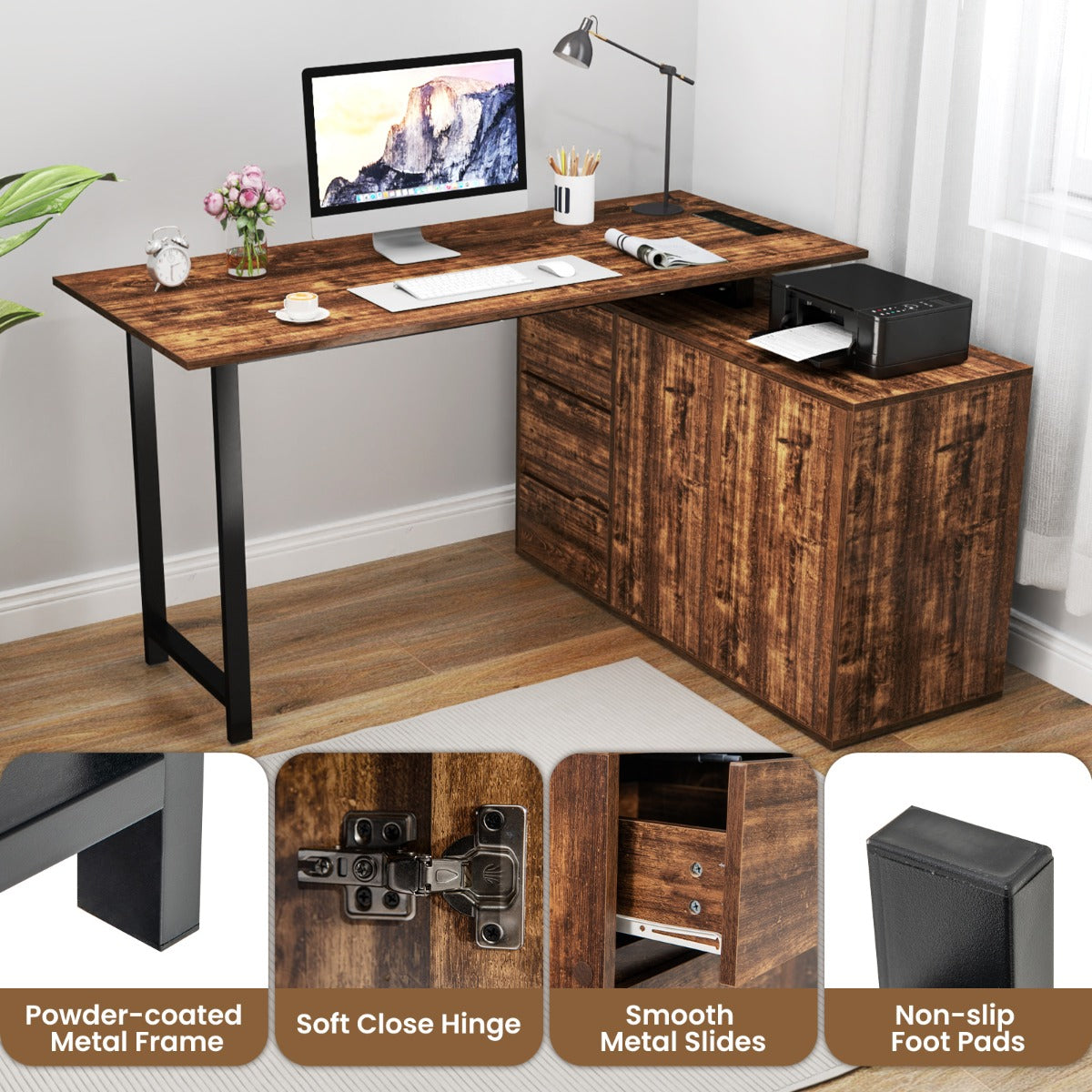 Livsk costway l vormig bureau 138 cm omkeerbaar hoekbureau met drie lades 5