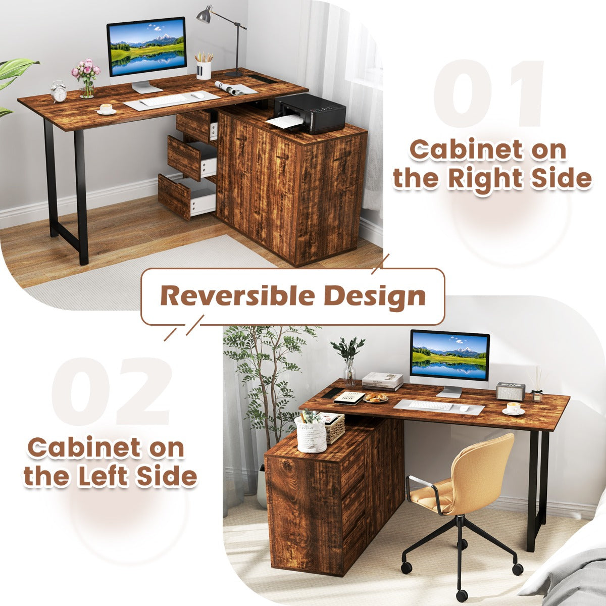 Livsk costway l vormig bureau 138 cm omkeerbaar hoekbureau met drie lades 6