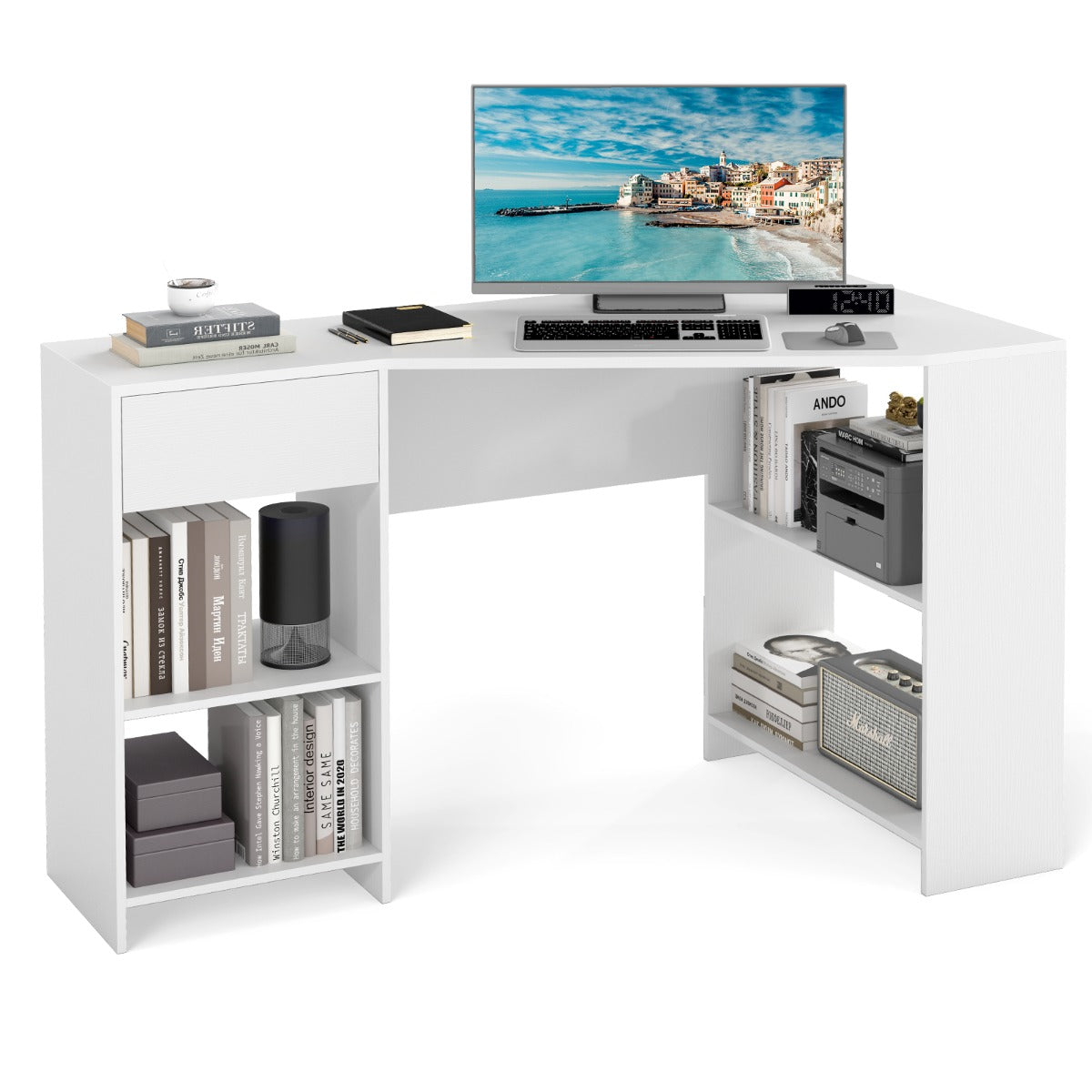 Livsk costway l vormig bureau hoekbureau met lade en planken moderne computertafel hoektafel voor thuiskantoor wit