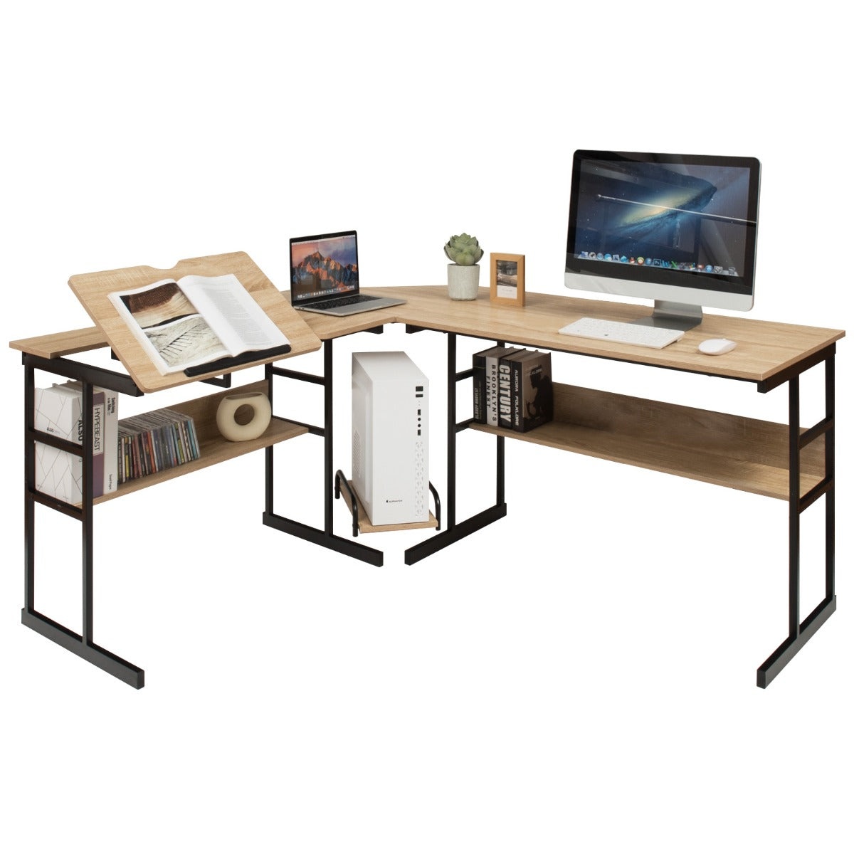 LIVSK L-vormige computertafel - Kantelbaar Tafelblad - Deelbaar Ontwerp - 2 Open Boekenplanken - Tot 205 kg - Natuur