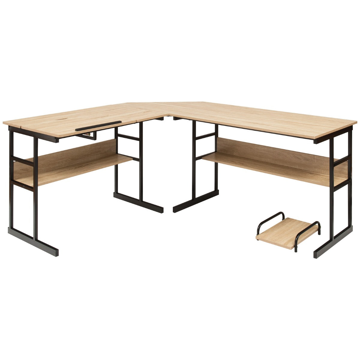 LIVSK L-vormige computertafel - Kantelbaar Tafelblad - Deelbaar Ontwerp - 2 Open Boekenplanken - Tot 205 kg - Natuur
