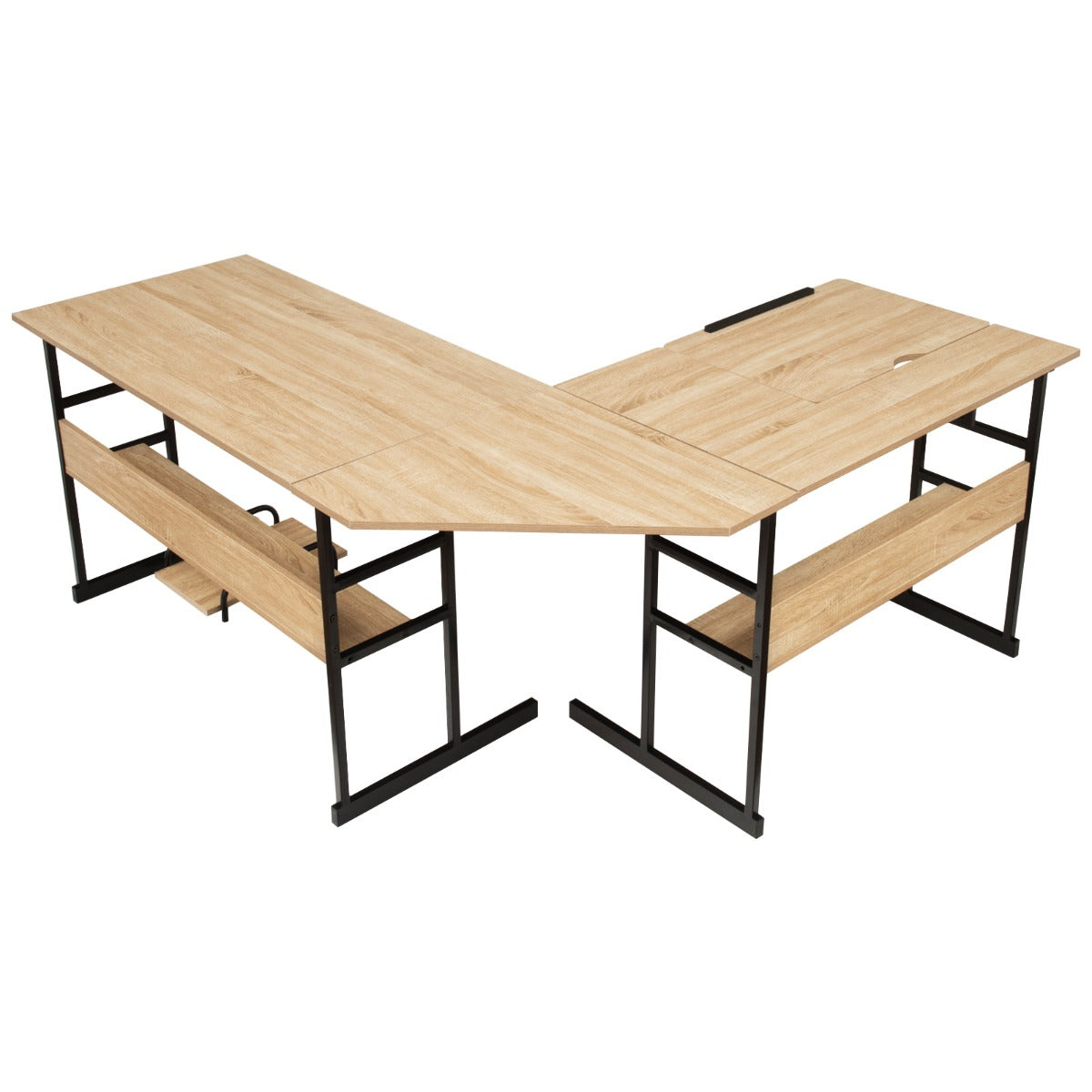 LIVSK L-vormige computertafel - Kantelbaar Tafelblad - Deelbaar Ontwerp - 2 Open Boekenplanken - Tot 205 kg - Natuur