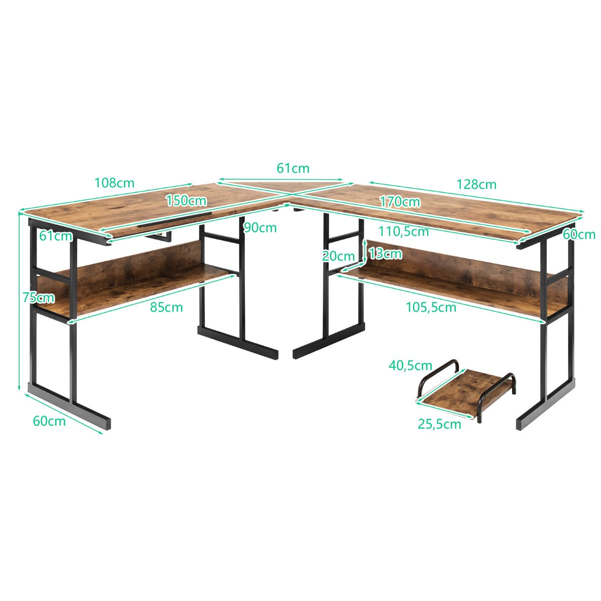 LIVSK L-vormig bureau met kantelbaar tafelblad - Deelbaar ontwerp - Open opbergruimte - Stabiel hout en metaal - 170 x 150 x 75