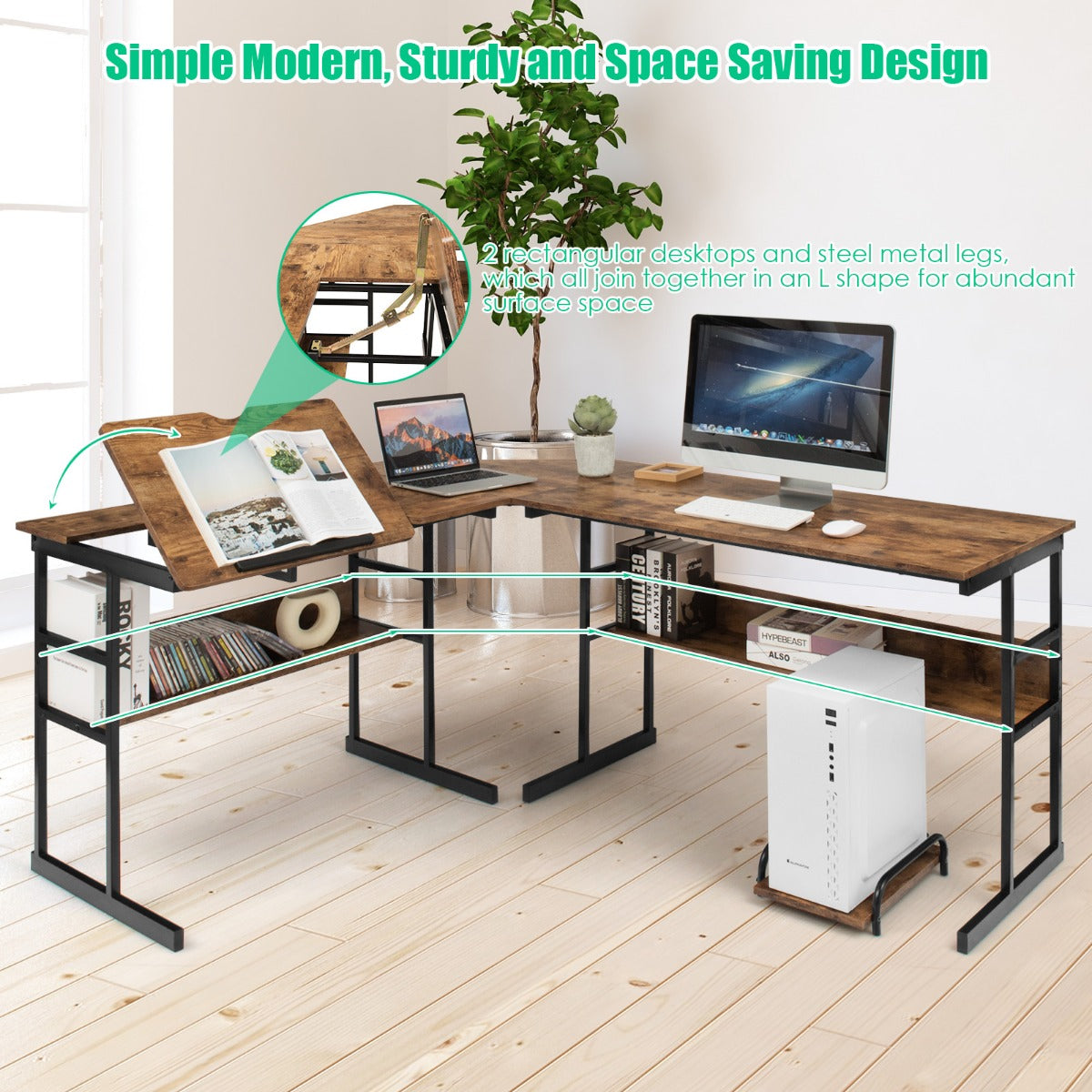 LIVSK L-vormig bureau met kantelbaar tafelblad - Deelbaar ontwerp - Open opbergruimte - Stabiel hout en metaal - 170 x 150 x 75