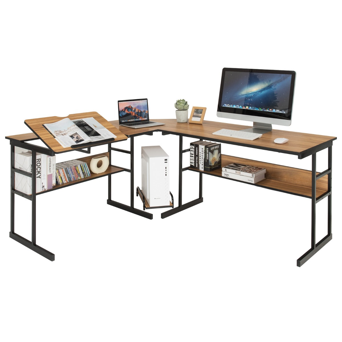 LIVSK L-vormig Bureau - Deelbaar en Kantelbaar - Boekenplanken en CPU-standaard - Duurzaam - 170 x 150 x 75 cm - Natuur