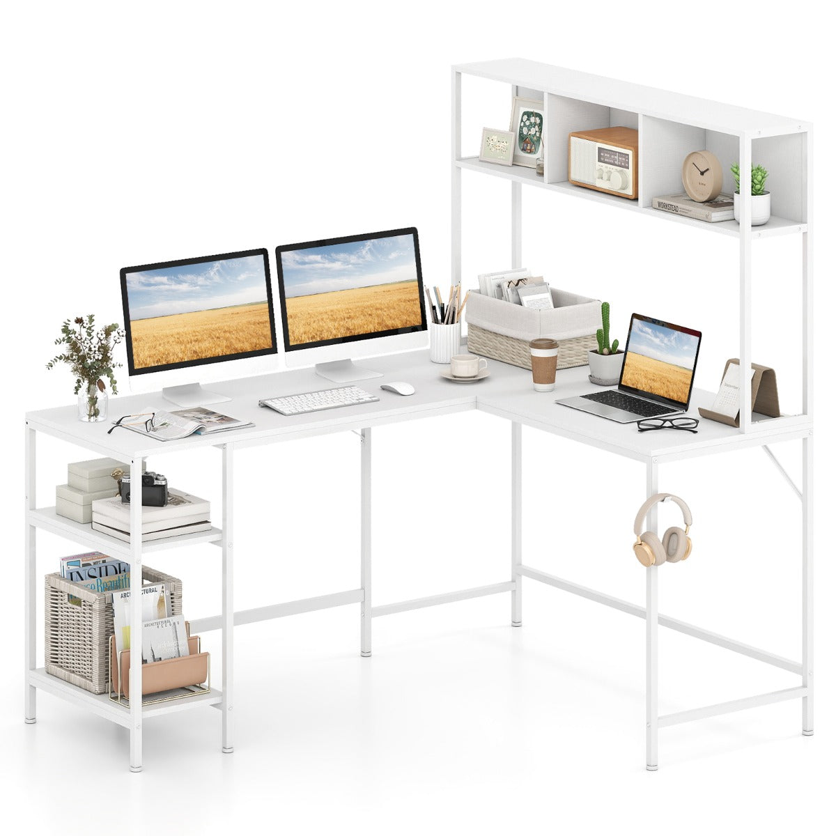 Livsk costway l vormig bureau met extra onderdelen hoekcomputerbureau met opbergplank en hoofdtelefoonhaak wit