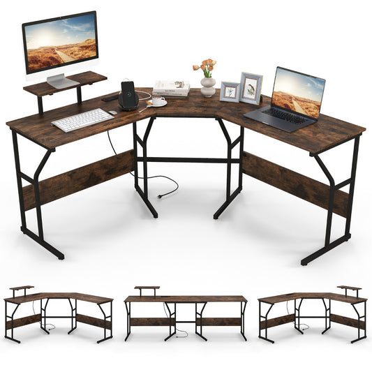 LIVSK Hoekbureau met Verwijderbare Schermsteun - Ingebouwde Stekkerdoos met USB - Robuust Metalen Frame - 225 x 48 x 91 cm -