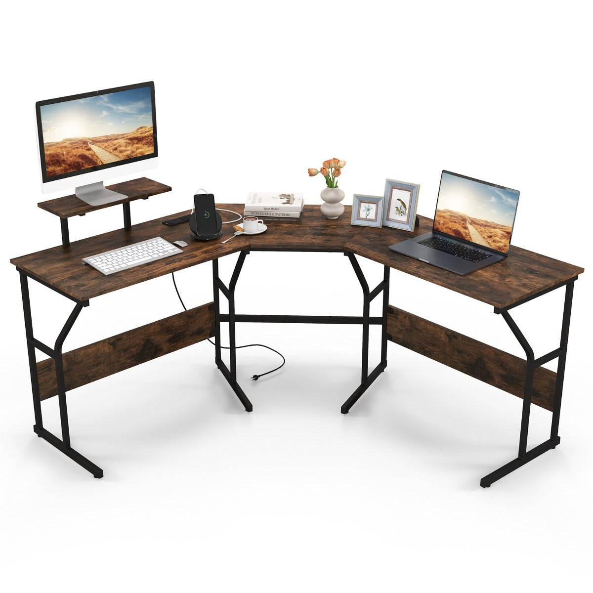 LIVSK Hoekbureau met Verwijderbare Schermsteun - Ingebouwde Stekkerdoos met USB - Robuust Metalen Frame - 225 x 48 x 91 cm -