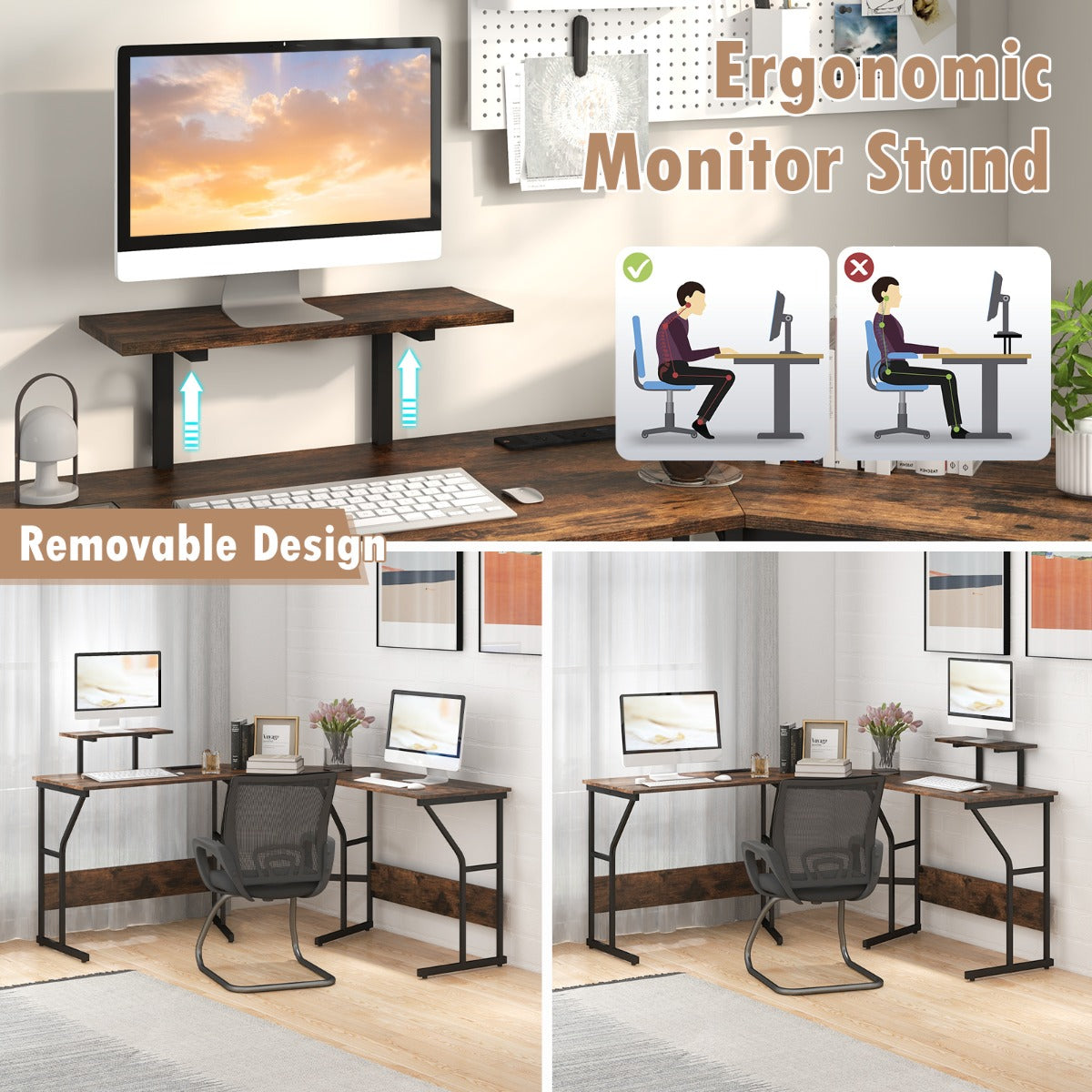 LIVSK Hoekbureau met Verwijderbare Schermsteun - Ingebouwde Stekkerdoos met USB - Robuust Metalen Frame - 225 x 48 x 91 cm -