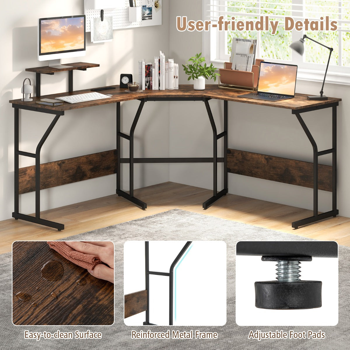 LIVSK Hoekbureau met Verwijderbare Schermsteun - Ingebouwde Stekkerdoos met USB - Robuust Metalen Frame - 225 x 48 x 91 cm -
