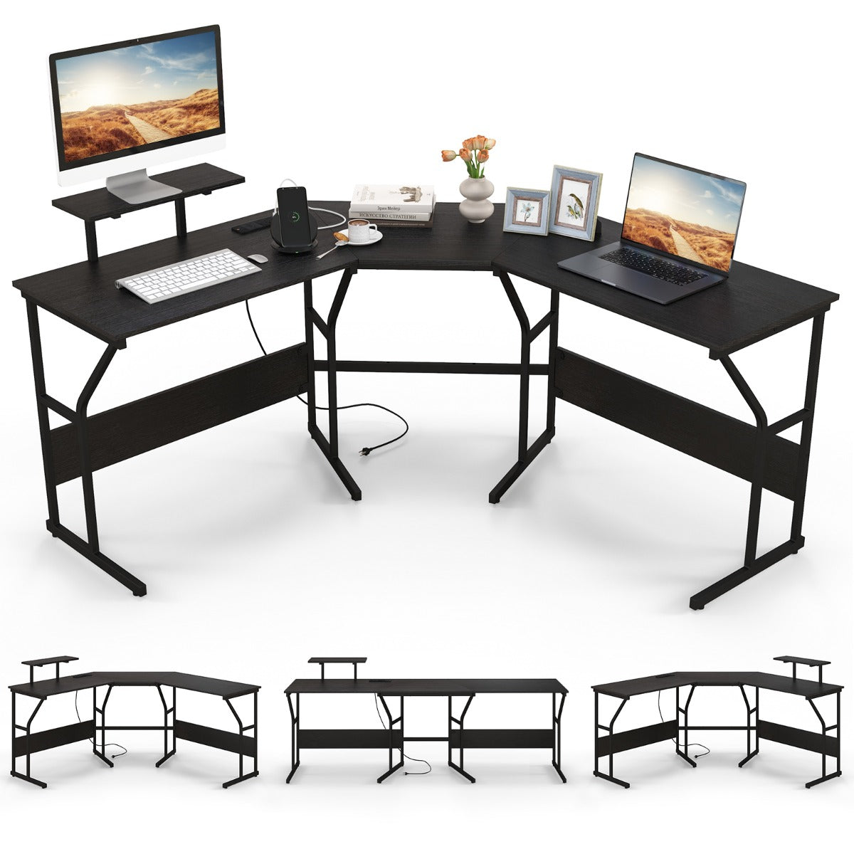 LIVSK Hoekbureau - Verwijderbare Schermsteun - Ingebouwde Stopcontacten - Flexibel voor 2 Personen - 225 x 48 x 91 cm - Rustiek