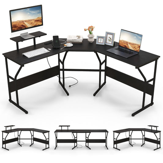 LIVSK Hoekbureau - Verwijderbare Schermsteun - Ingebouwde Stopcontacten - Flexibel voor 2 Personen - 225 x 48 x 91 cm - Rustiek