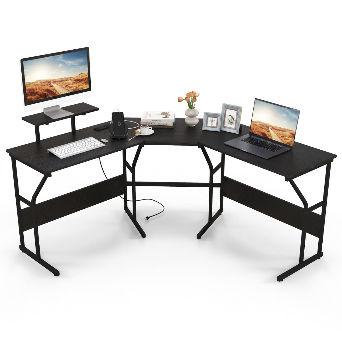 LIVSK Hoekbureau - Verwijderbare Schermsteun - Ingebouwde Stopcontacten - Flexibel voor 2 Personen - 225 x 48 x 91 cm - Rustiek