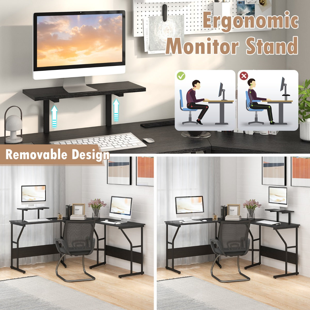 LIVSK Hoekbureau - Verwijderbare Schermsteun - Ingebouwde Stopcontacten - Flexibel voor 2 Personen - 225 x 48 x 91 cm - Rustiek