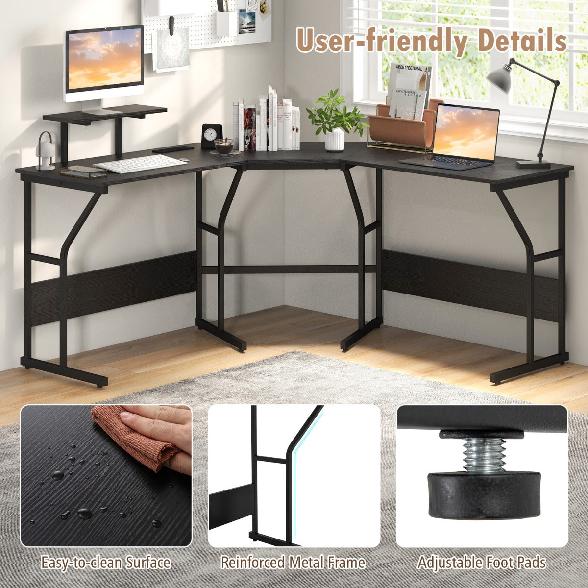 LIVSK Hoekbureau - Verwijderbare Schermsteun - Ingebouwde Stopcontacten - Flexibel voor 2 Personen - 225 x 48 x 91 cm - Rustiek