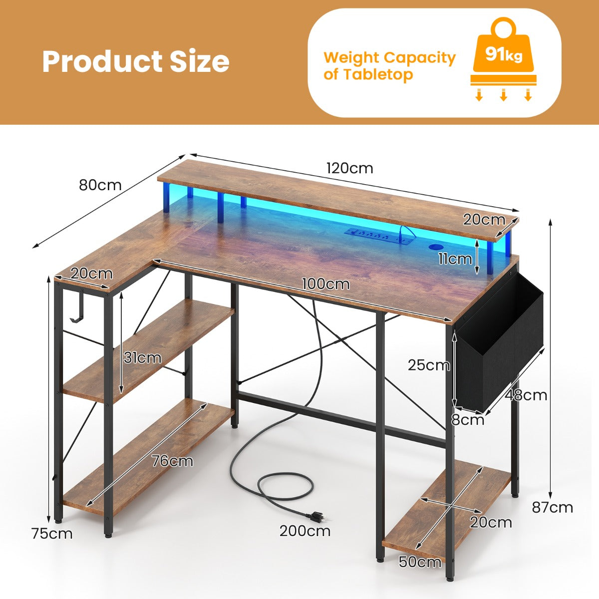 LIVSK L-vormig computertafel met LED-verlichting - Geïntegreerde stopcontacten - Ruim werkoppervlak - 120 x 80 x 87 cm - Rustiek