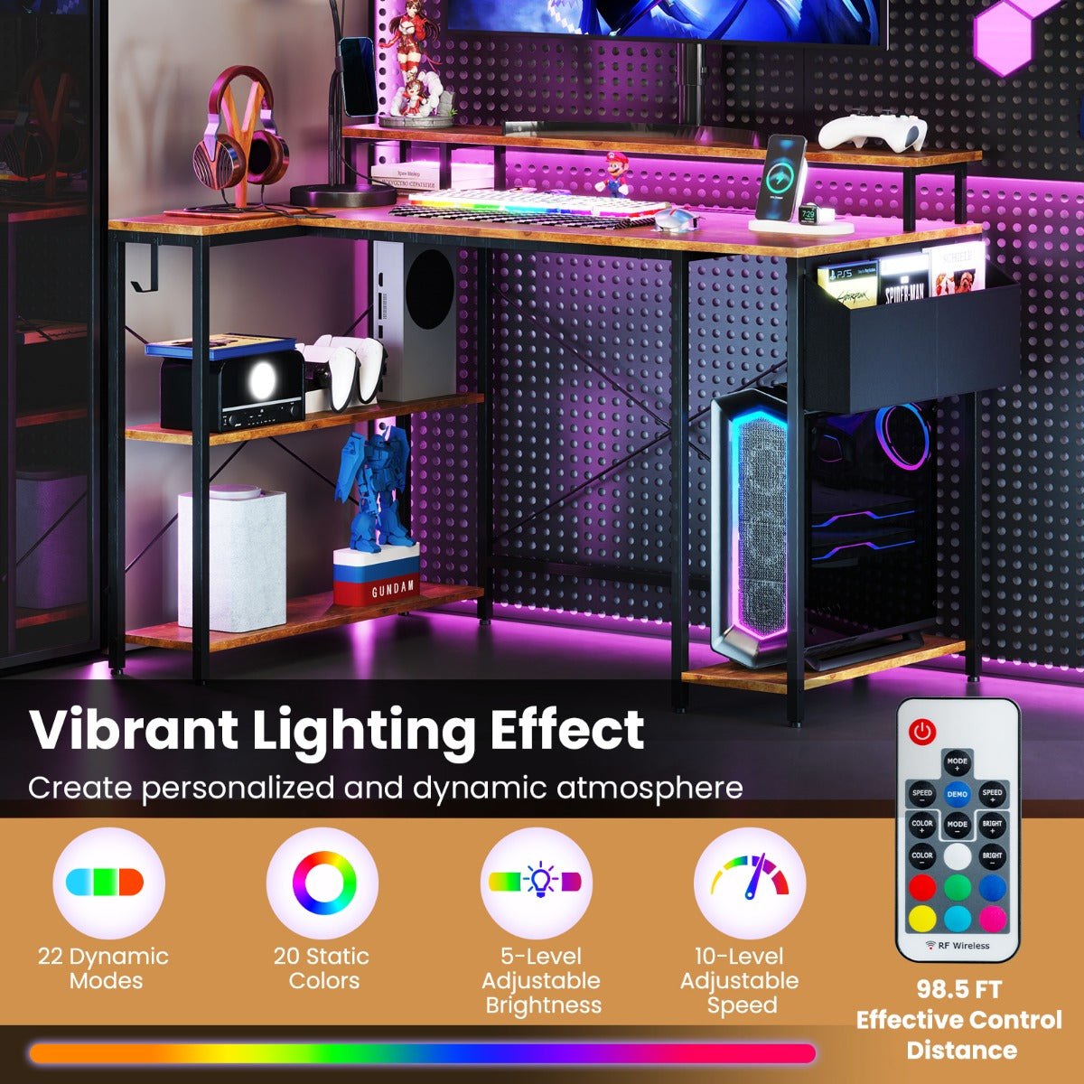 LIVSK L-vormig computertafel met LED-verlichting - Geïntegreerde stopcontacten - Ruim werkoppervlak - 120 x 80 x 87 cm - Rustiek