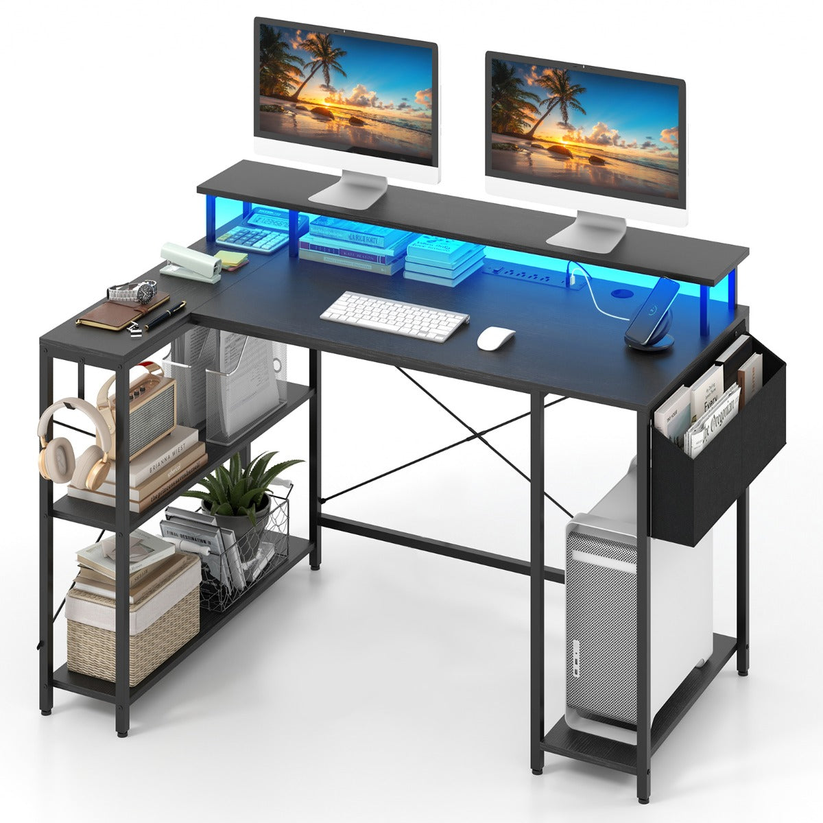 LIVSK L-vormig Bureau met LED-verlichting - Geïntegreerde Stopcontacten - Ergonomische Monitorstandaard - Opbergrek - Zwart