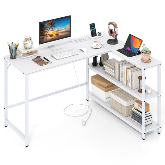 Livsk costway l vormig computerbureau met oplaadstation en opbergvakken modern gamingbureau voor thuisgebruik in wit