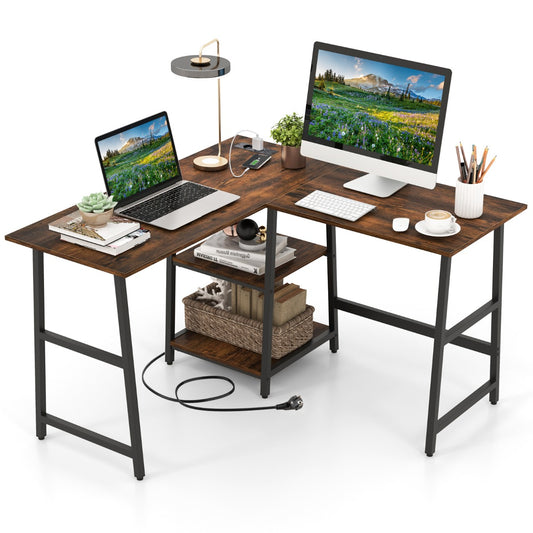 LIVSK L-vormig computerbureau met stopcontacten en USB-poorten - Ruim tafelblad - Opbergplank - Stevig metalen frame - Rustiek