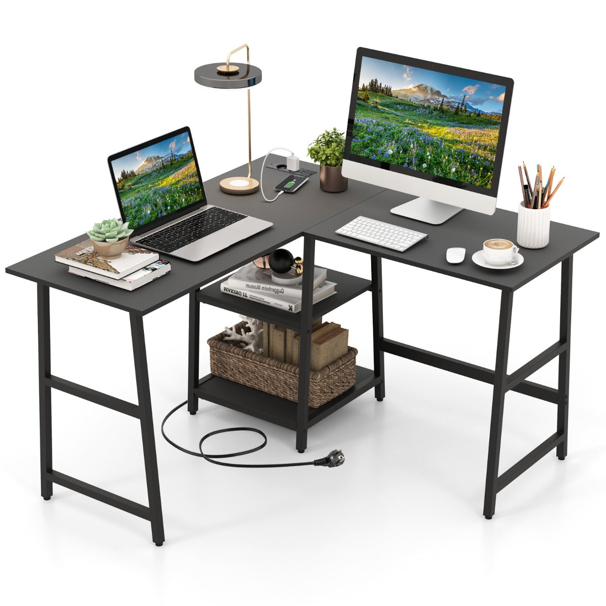 LIVSK L-vormig Computerbureau met Stopcontacten en USB-Poorten - Ruim Tafelblad 120 x 50 cm - Opbergplank - Stabiele Constructie