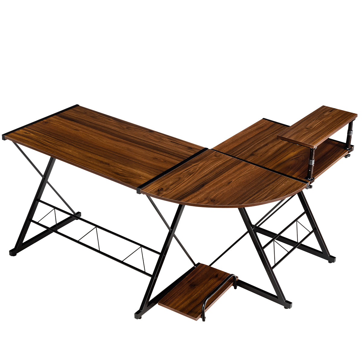 LIVSK L-vormig Hoekbureau - Ruimtebesparend en Stevige Constructie - Beweegbare Monitorplank - 147 x 112 x 79 cm - Walnoot