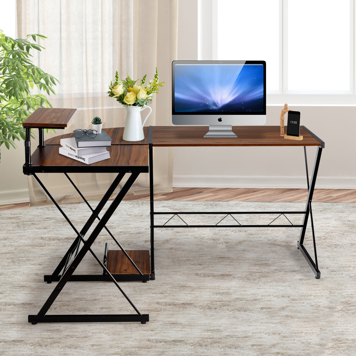 LIVSK L-vormig Hoekbureau - Ruimtebesparend en Stevige Constructie - Beweegbare Monitorplank - 147 x 112 x 79 cm - Walnoot