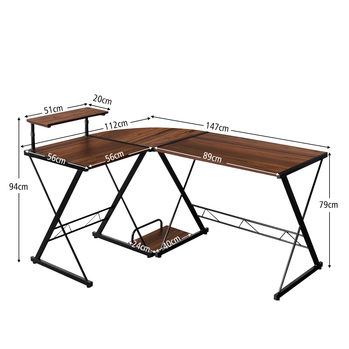 LIVSK L-vormig Hoekbureau - Ruimtebesparend en Stevige Constructie - Beweegbare Monitorplank - 147 x 112 x 79 cm - Walnoot