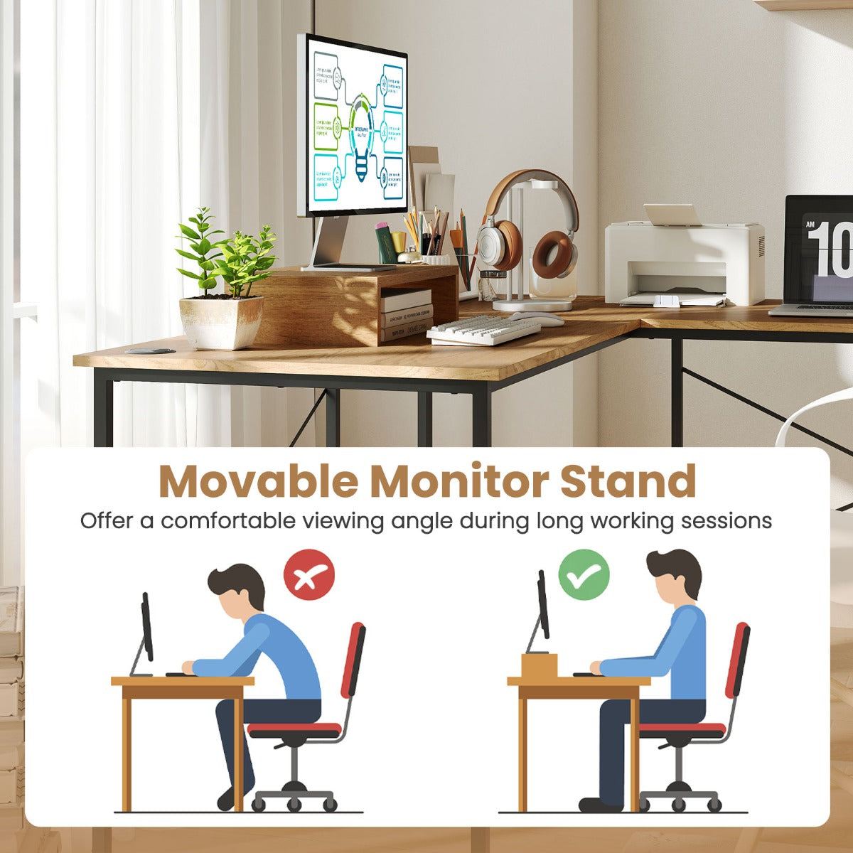 Livsk costway l vormigcomputerbureau 240 cm converteerbaar hoekbureau met verwijderbare monitorbevestiging