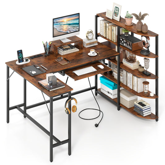 LIVSK L-vormig computertafel - Oplaadstation met USB en type-C - Ergonomisch ontwerp - Stabiele metalen constructie - Rustiek
