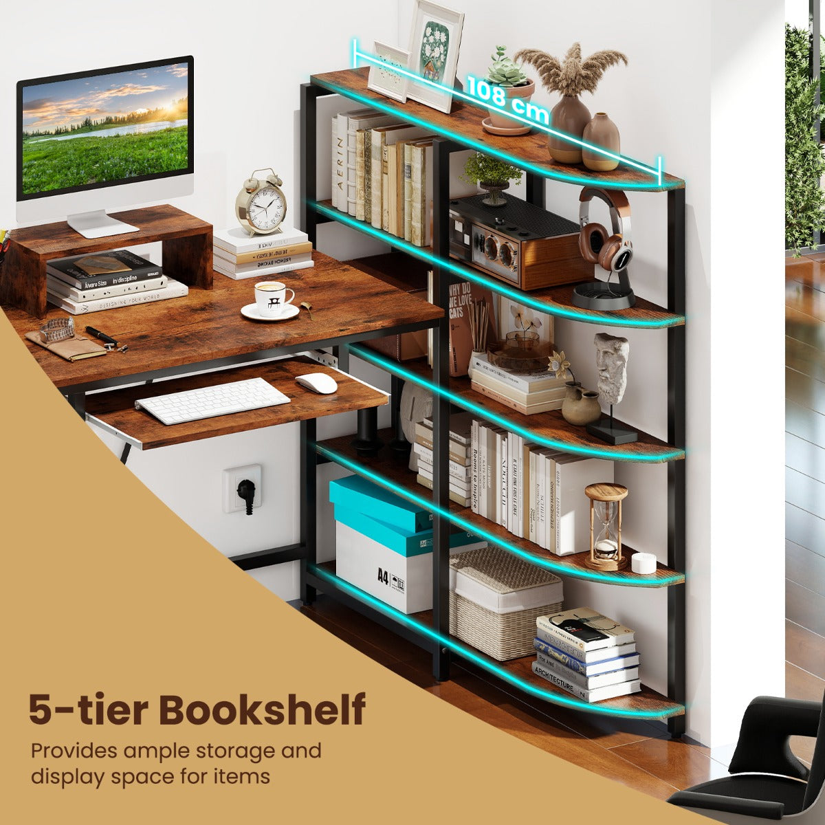 LIVSK L-vormig computertafel - Oplaadstation met USB en type-C - Ergonomisch ontwerp - Stabiele metalen constructie - Rustiek
