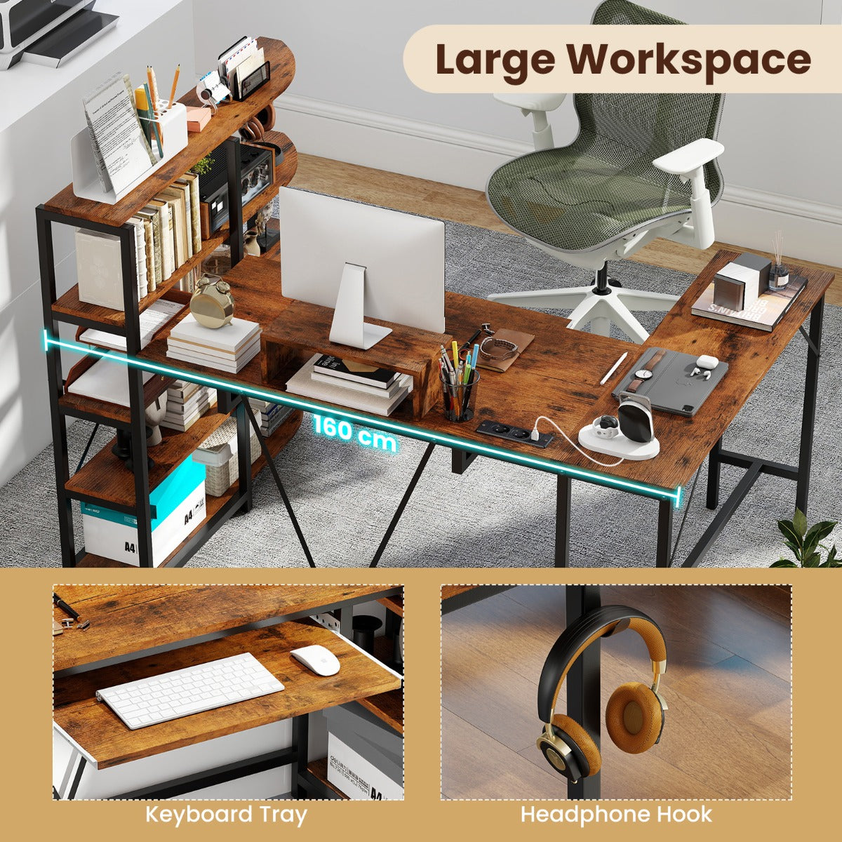 LIVSK L-vormig computertafel - Oplaadstation met USB en type-C - Ergonomisch ontwerp - Stabiele metalen constructie - Rustiek