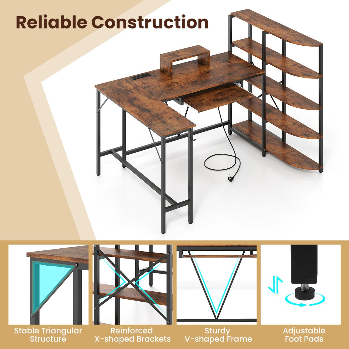 LIVSK L-vormig computertafel - Oplaadstation met USB en type-C - Ergonomisch ontwerp - Stabiele metalen constructie - Rustiek
