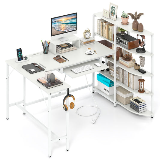 LIVSK L-vormige computertafel - Oplaadstation met 2 stopcontacten - Ergonomische monitorstandaard - 5-laags rek - Wit